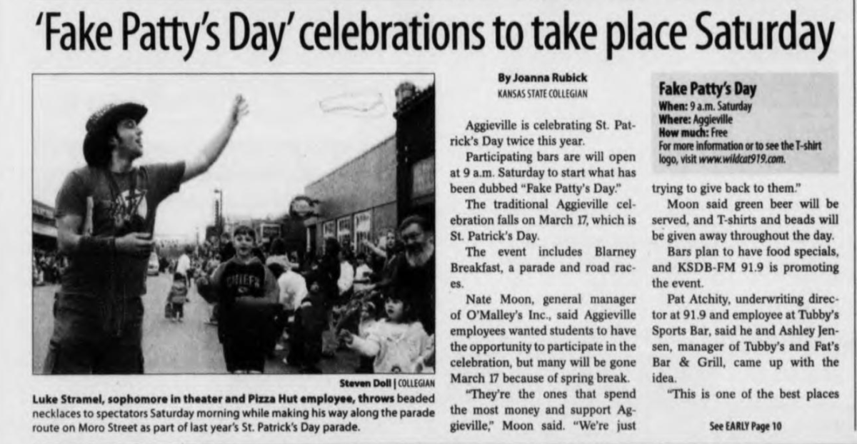 A Collegian newspaper clipping covering the first Fake Patty's Day in 2007.