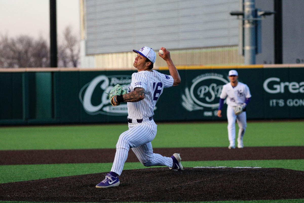 Then-sophomore Tyson Neighbors lines up for a pitch against Stonehill on March 6, 2023. In K-State's opening road stretch, earned his first save of the season, closing out Georgetown 7-6.