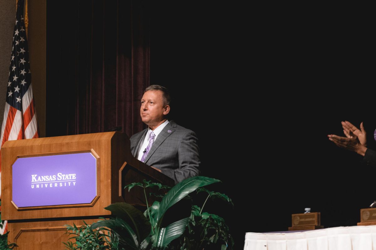 K-State President Richard Linton speaks to an audience after his presidency was announced in 2021. Linton spoke at a town hall meeting Tuesday to discuss K-State's plan to handle the recent cybersecurity incident. (Archive photo)