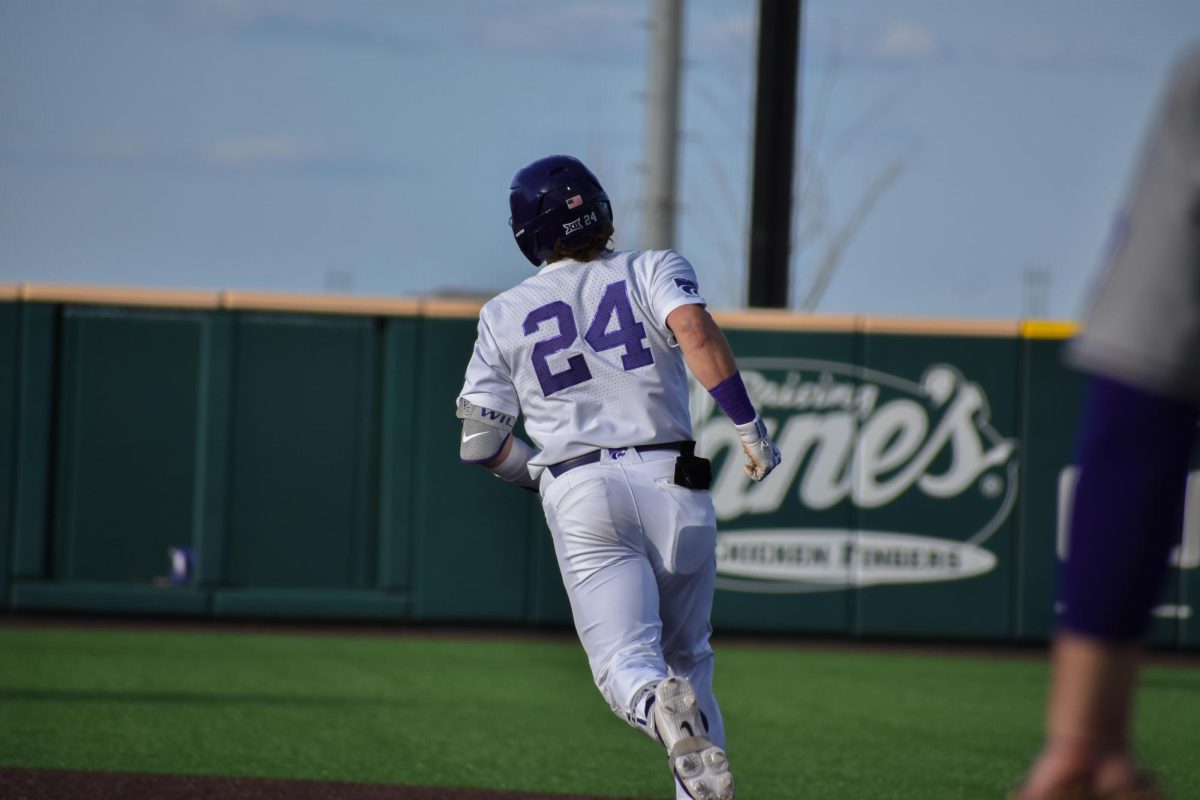 Designated hitter Jayden Lobliner runs the bases against Holy Cross. In K-State's 17-11 victory over the Crusaders on Feb. 23, Lobliner earned five RBI.