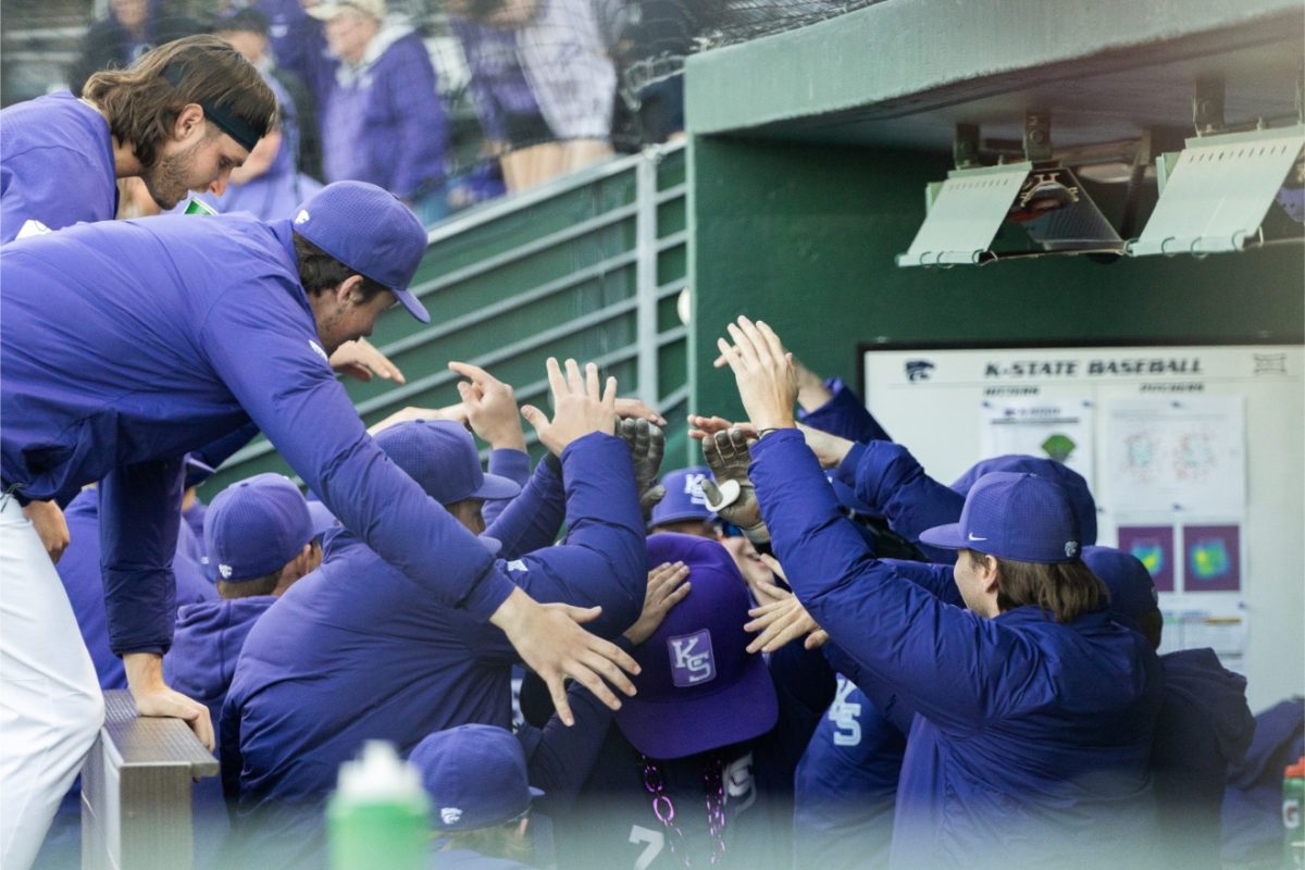 The team celebrates in the dugout after second baseman Brady Day knocks one out of the park. Day recorded two home runs and five RBI in the Wildcats' Game 1 10-1 win against UMass Lowell.