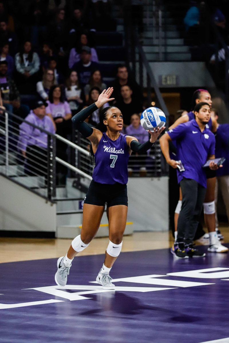 Freshman Symone Sims serves the ball to Texas Tech. K-State defeated Texas Tech in three sets Nov. 17, 2023 at Morgan Family Arena. 