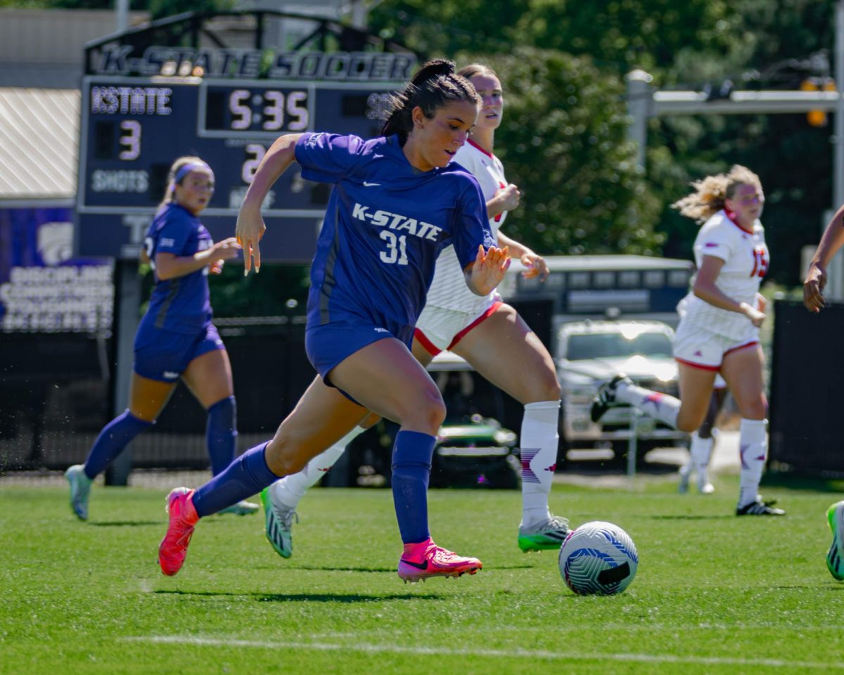 Sophomore forward Morgan Struttmann charges down the field against South Dakota on Sunday, Sept. 1, 2024. Struttmann collected two points in the 3-0 victory. 