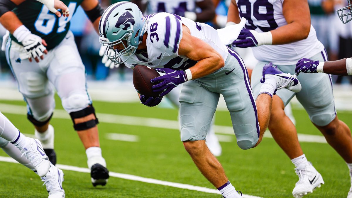 Redshirt freshman Jack Fabris collects the ball en route to K-State's game-changing scoop-and-score. K-State won 34-27 in New Orleans against Tulane on Saturday, Sept. 7, 2024. (Photo Courtesy of K-State Athletics)