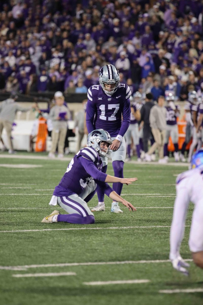 K-State kicker Chris Tennant lines up a field goal attempt against Kansas on Oct. 27 at Bill Snyder Family Stadium. Tennant made a game-winning 51-yard field goal in the 29-27 win, giving K-State 16 straight wins over KU.