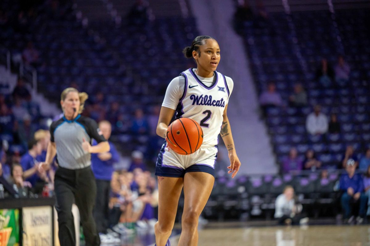 Forward Temira Poindexter dribbles down the court in her Wildcat debut on Monday, Nov. 4. The Tulsa transfer has made an immediate impact in Manhattan. 