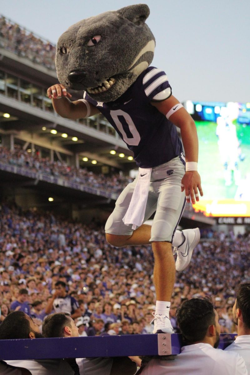 Willie the Wildcat excites the crowd after scoring a touchdown. The Wildcats beat UT Martin in the home opener at the Bill Snyder Stadium on Aug. 31. 