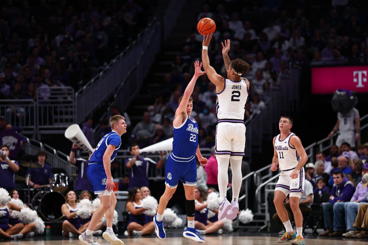 K-State guard Max Jones pulls up from beyond the arc against Drake. The Wildcats fell 73-70 in overtime on Dec. 18 at the T-Mobile Center in Kansas City, Mo. (Photo courtesy of K-State Athletics)